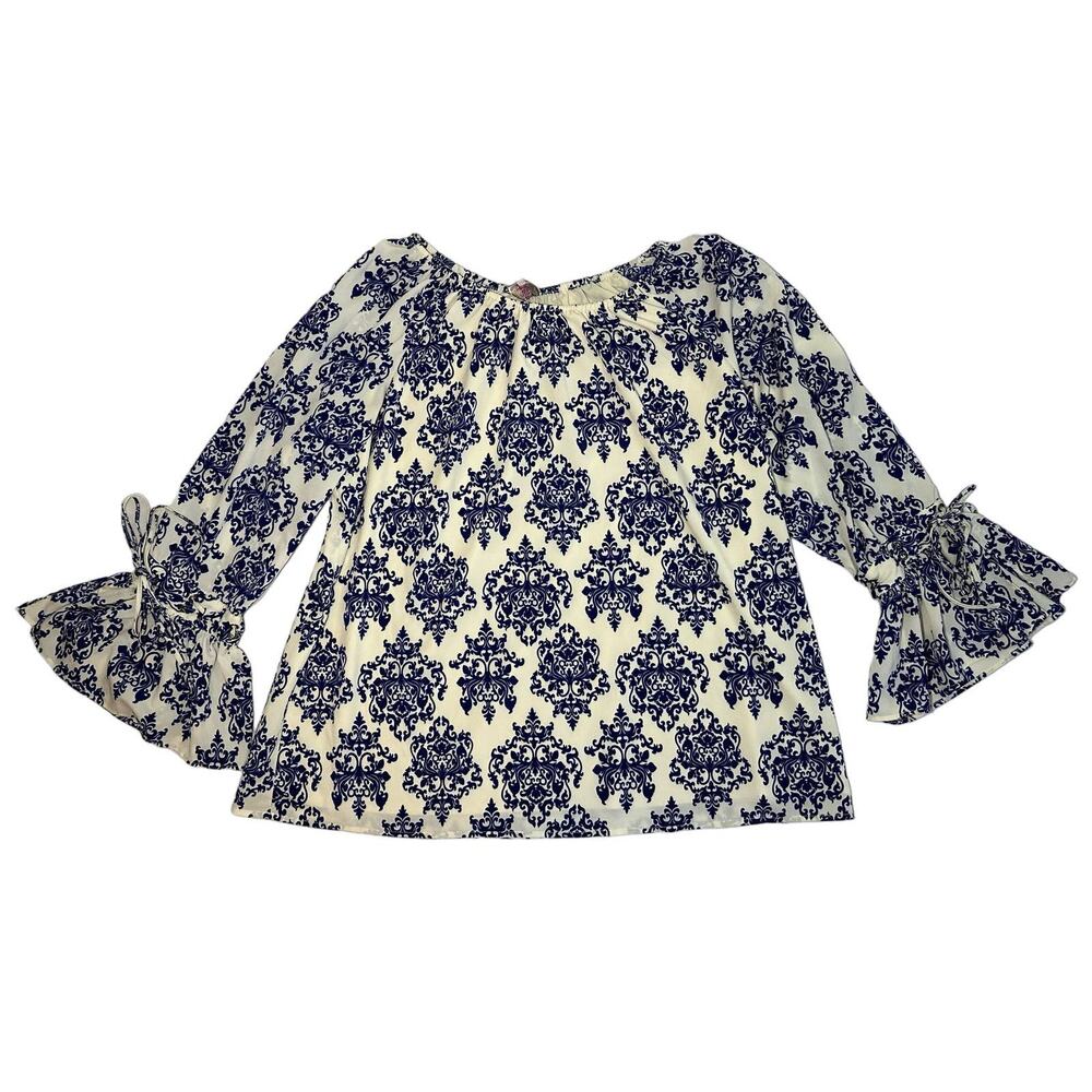 Hot in Hollywood Cream Blouse with Navy Damask Print